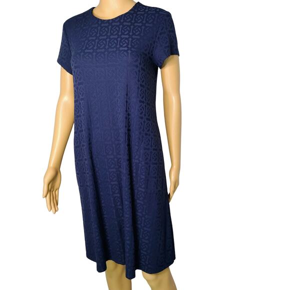 J.McLaughlin Swing Dress in Knot Print Jacquard Short Sleeve Navy Blue SZ Small - Picture 1 of 7